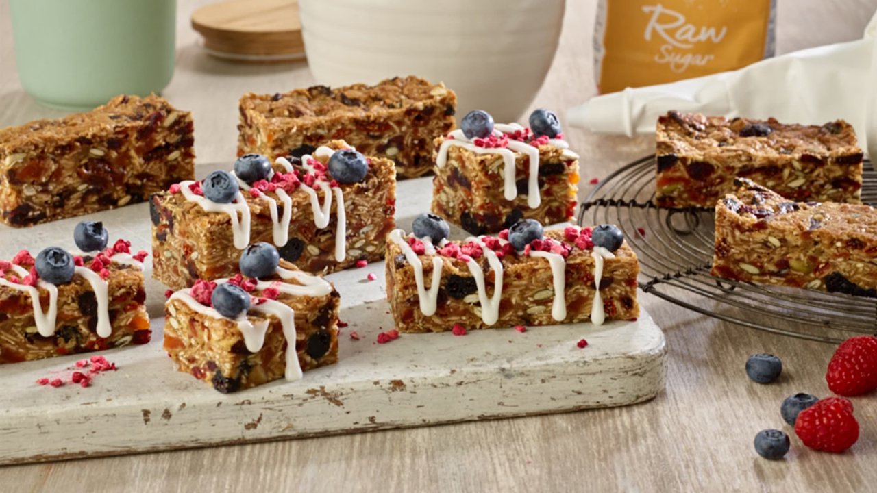 Muesli Bar Slice with Yoghurt Drizzle